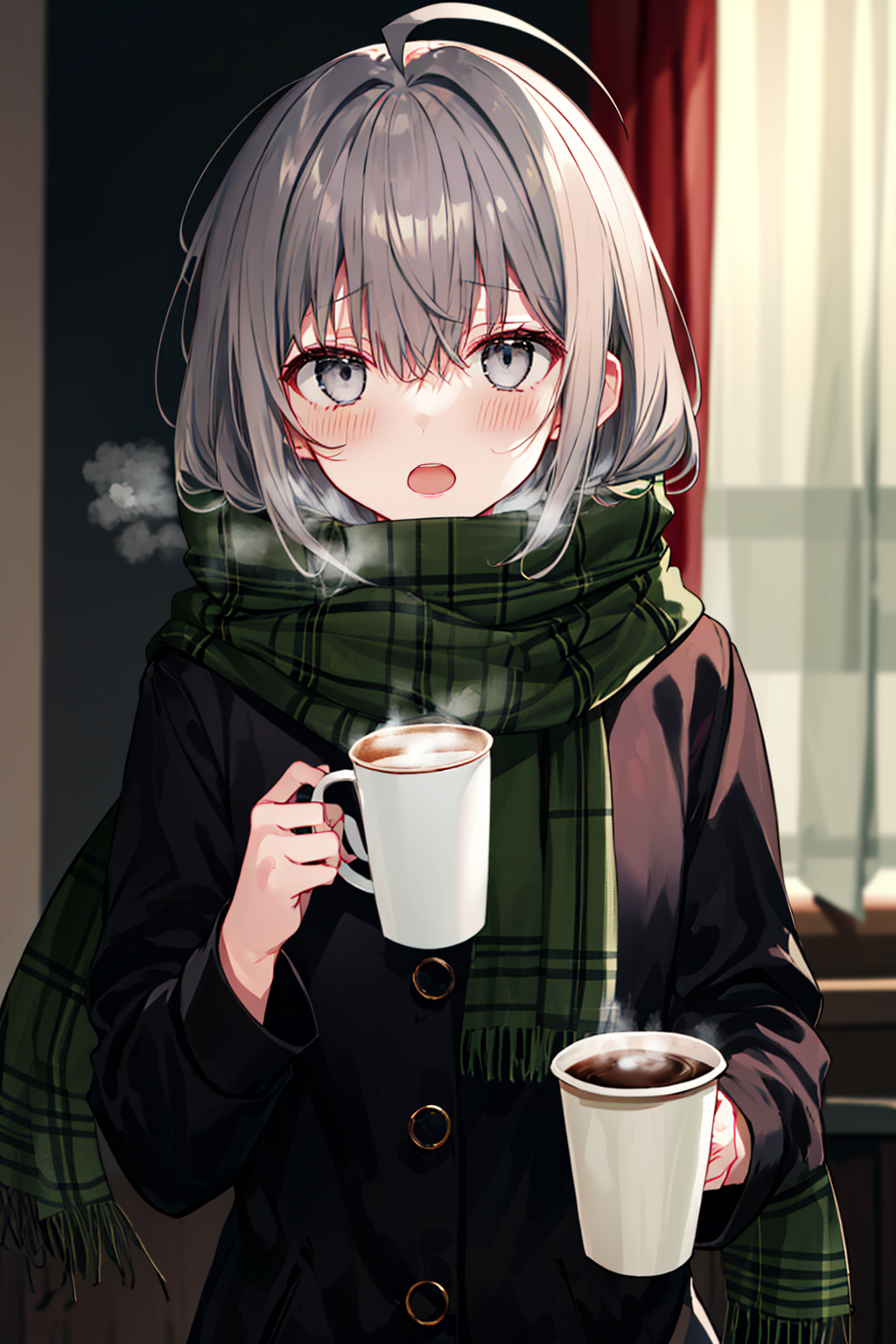 03132-3584929431-scarf, plaid_scarf, 1girl, steam, breath, red_scarf, can, solo, holding_can, disposable_cup, cup, holding, looking_at_viewer, en.png